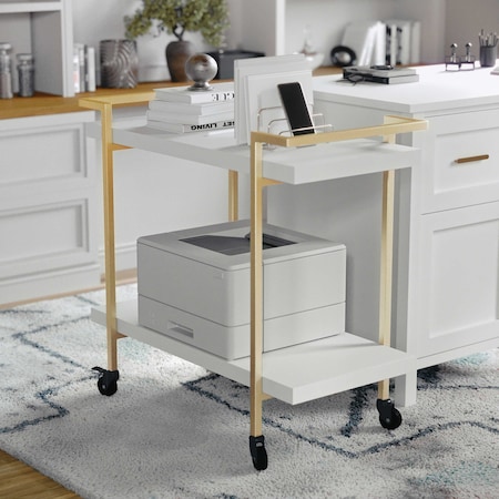 Martha Stewart Liam 2-Tier White Mobile Office Storage and Printer Cart w/Polished Brass Frame NAN-JH-17107-WH-GLD-MS